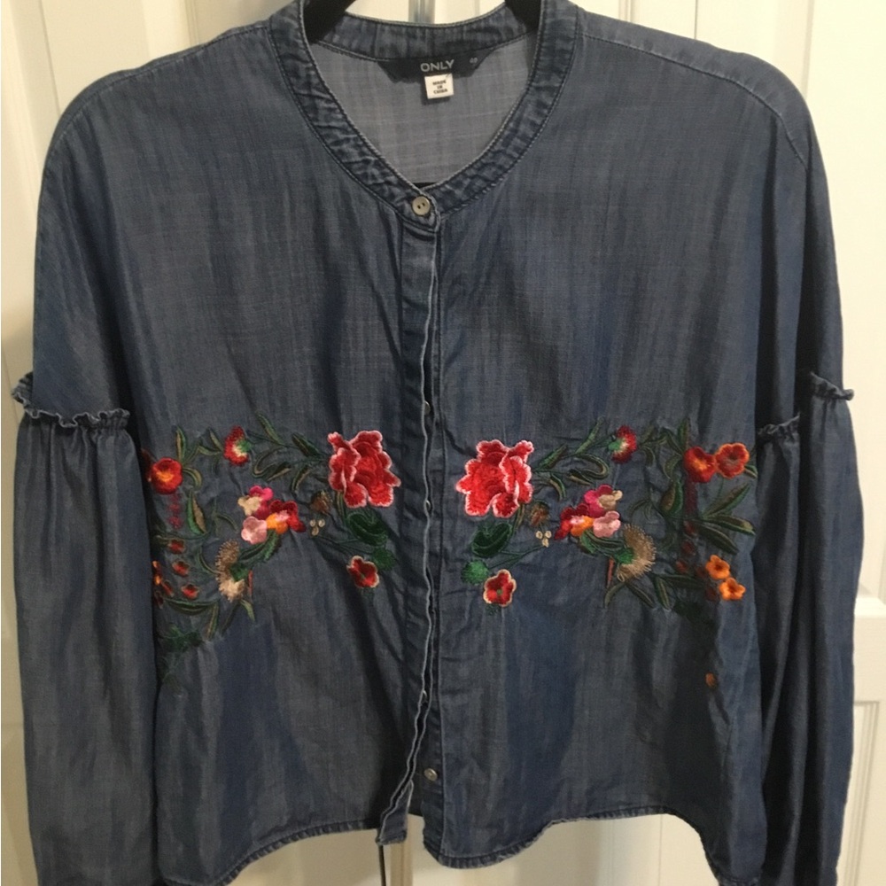 Only Blue Denim Top with Floral Embroidery